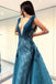 A-Line Deep V-Neck Lace Blue Floor Length Prom Dresses PDF49