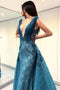 A-Line Deep V-Neck Lace Blue Floor Length Prom Dresses PDF49