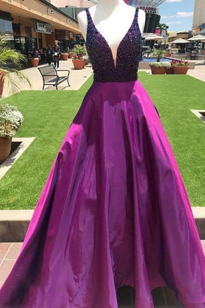 Purple A Line Beading V Neck Prom Gown With Pockets Cheap Formal Evening Dress PDI65