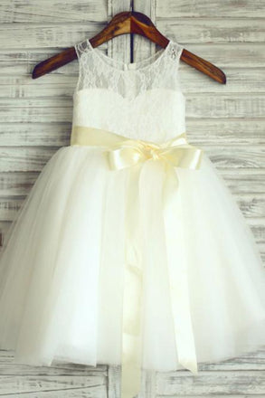 A-Line Round Neck White Flower Girl Dress with Lace Sash PDP24