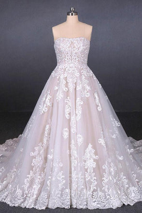 A Line Strapless Lace Appliques Wedding Dress, Cheap Bridal Dresses PDQ16