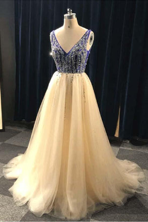A Line V Neck Beading Tulle Long Prom Dress, Party Dresses PDE84