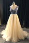 A Line V Neck Beading Tulle Long Prom Dress, Party Dresses PDE84