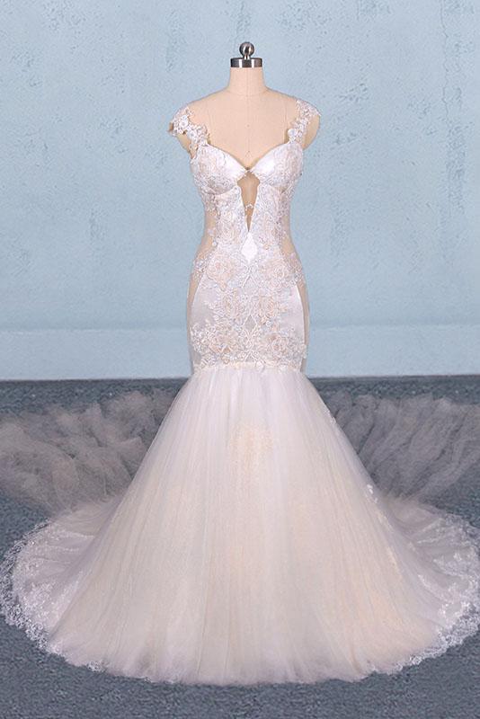 Charming Mermaid Tulle Wedding Dress, Chapel Train Long Bridal Gown PDQ14