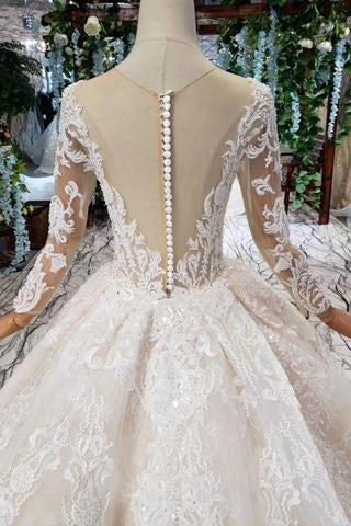 Princess Long Sleeves Ball Gown Lace Wedding Dresses, Long Bridal Dress PDN43