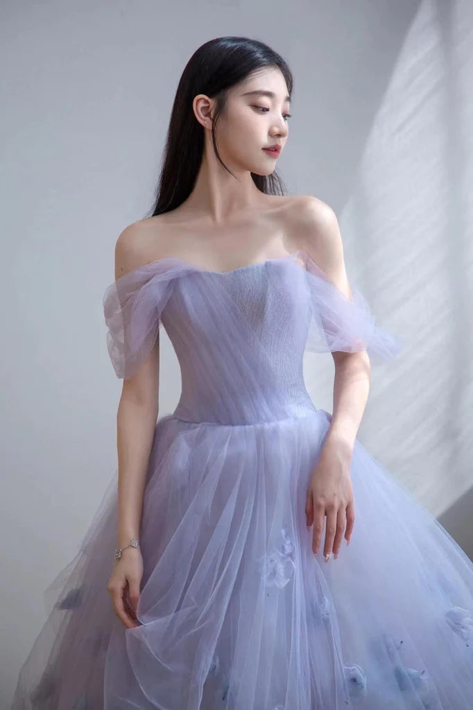 Off the Shoulder Lavender A Line Tulle Short Prom Dresses, Graduation Dresse with Flowers OMH0162