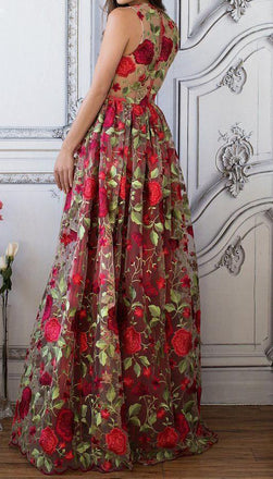 Red Floral Embroidery See Through Long Elegant Formal Prom Dresses PDG89