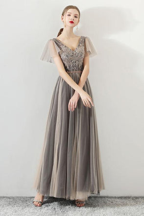 A Line Tulle Long Appliques Beaded Prom Dresses, Grey Formal Evening Dress PDG72