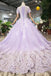 Lilac Ball Gown Short Sleeves Prom Dresses with Lace, Quinceanera Dress PDL41