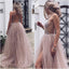 Dusty Pink A Line Tulle Prom Dress, V Neck Long Graduation Dress with Rhinestone PDJ48