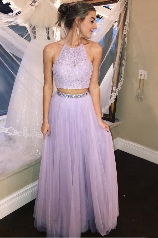 Two Piece Halter Backless Tulle Lavender Prom Dress with Lace Beading trendtydresses Two Piece Halter Backless Tulle Lavender Prom Dress with Lace Beading trendtydresses
