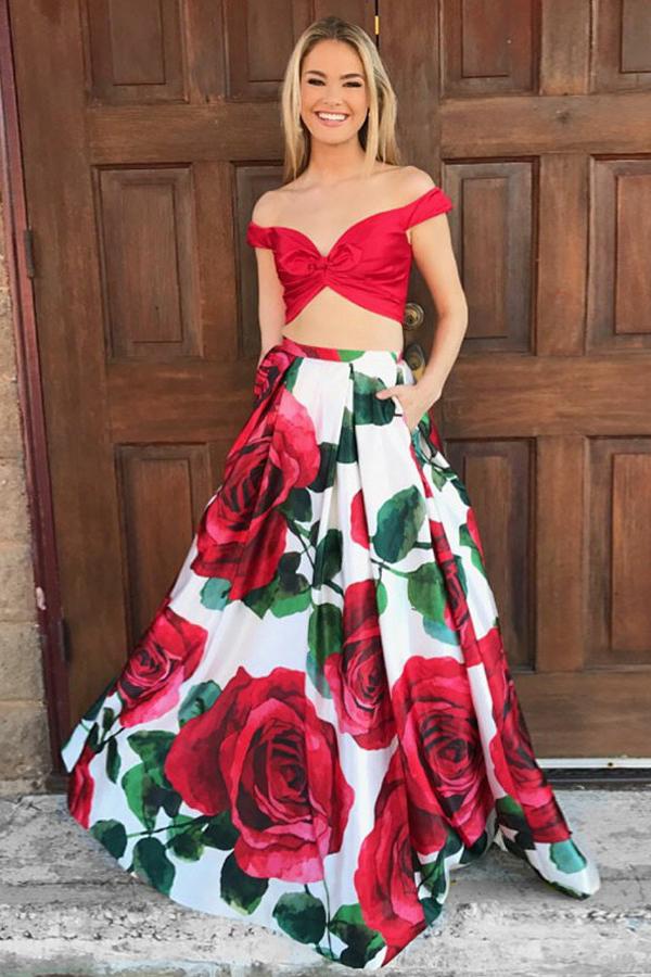prom dresses floral two piece Two Piece Blue Floral Satin Off-the-Shoulder Long Prom Dress, Evening Dress, MP133
