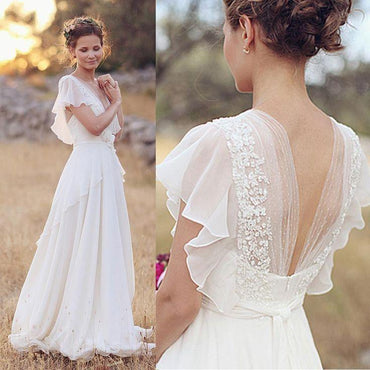 Charming A-Line Ivory  V-Neck Chiffon Wedding Dresses,Cheap Bridal Dress PDJ5