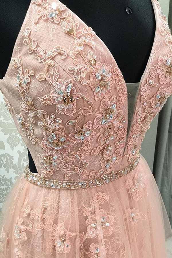 Blush V Neck Prom Dress with Straps, Long Prom Gown with Appliques PDJ49