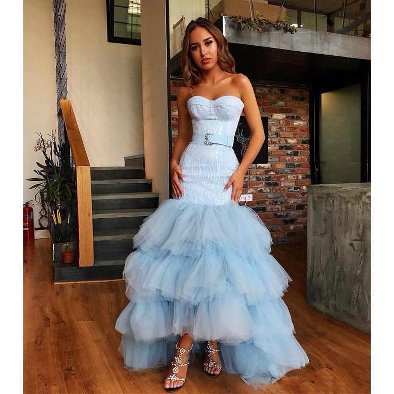 Sky Blue Tulle Sweetheart Neck Long Layered Evening Dress Cheap Prom Dresses PDI47
