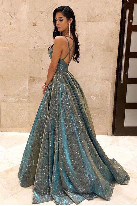 Charming V Neck Sparkly Long Prom Dresses with Pockets, Cross Back Evening Dresses trendtydresses Charming V Neck Sparkly Long Prom Dresses with Pockets, Cross Back Evening Dresses trendtydresses