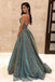 Charming V Neck Sparkly Long Prom Dresses with Pockets, Cross Back Evening Dresses PDQ87