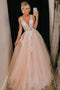 Pink Tulle V Neck Long Senior Prom Dress, Formal Dress With Applique PDQ84