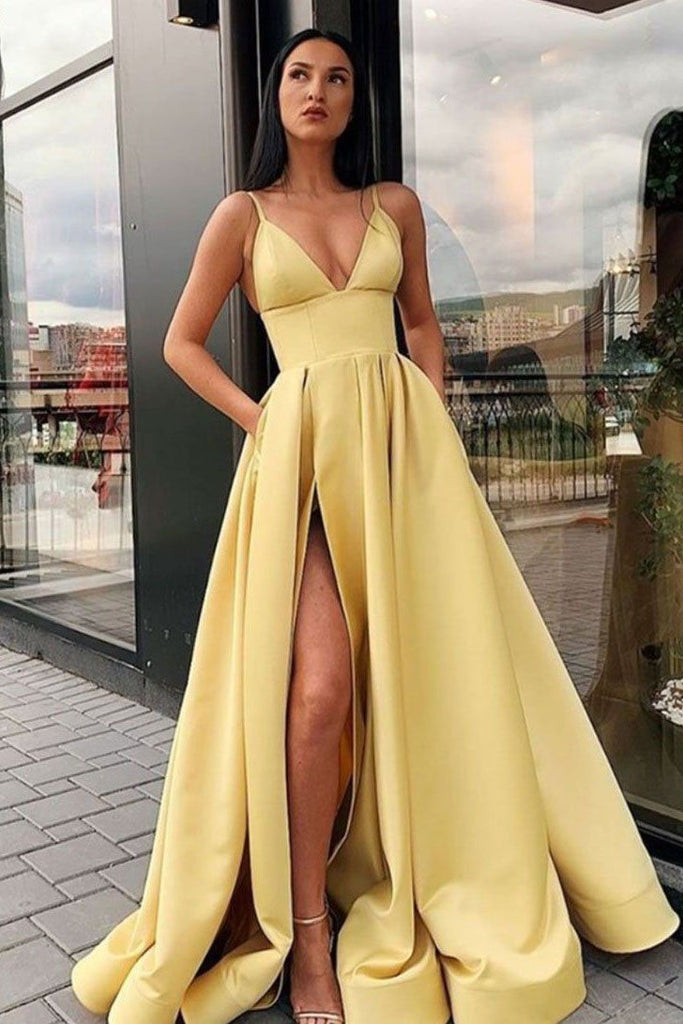 Charming A Line Spaghetti Straps Yellow Prom Dresses with Split Front PDQ86