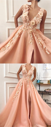 Charming V neck Long Prom Dress,Tulle Evening Party Dress with Flower PDH55
