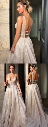 Sparkly Deep V Neck Wedding Dress Bridal Gown,Sequin Prom Dresses PDF60