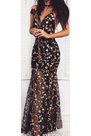 Black Mermaid Floral Prom Dresses Sexy V Neck Straps Formal Dresses PDG88