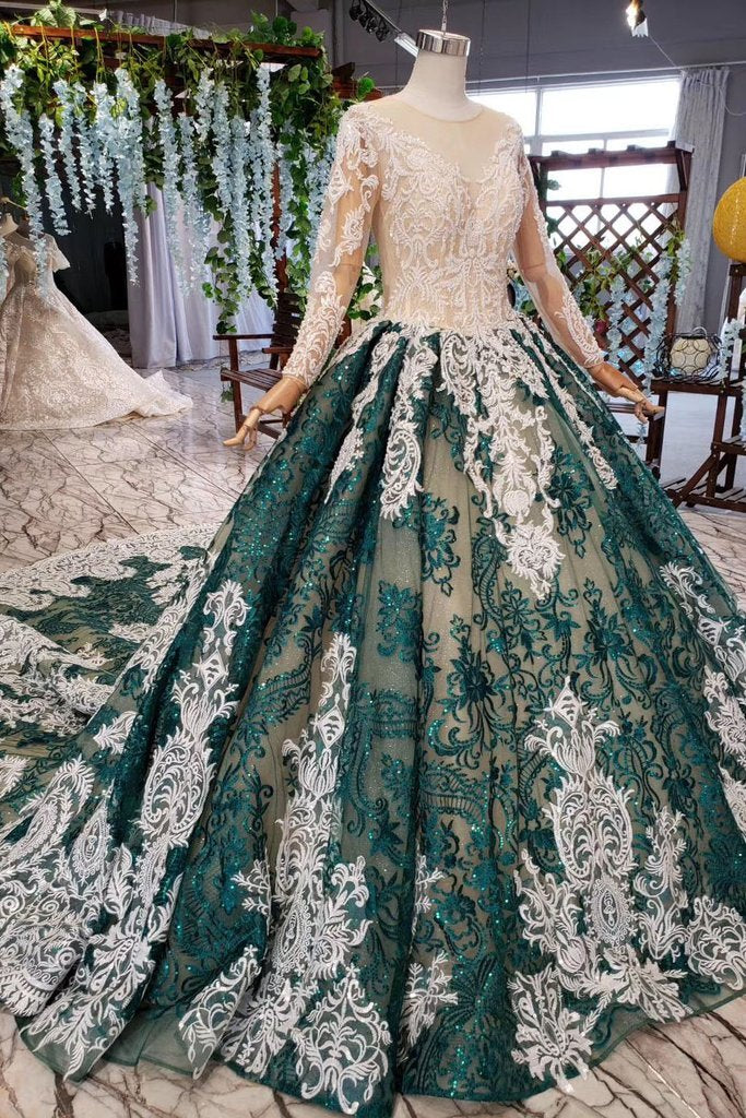 Green Long Sleeves Ball Gown Lace Prom Dress with Appliques, Long Prom Gown PDP51