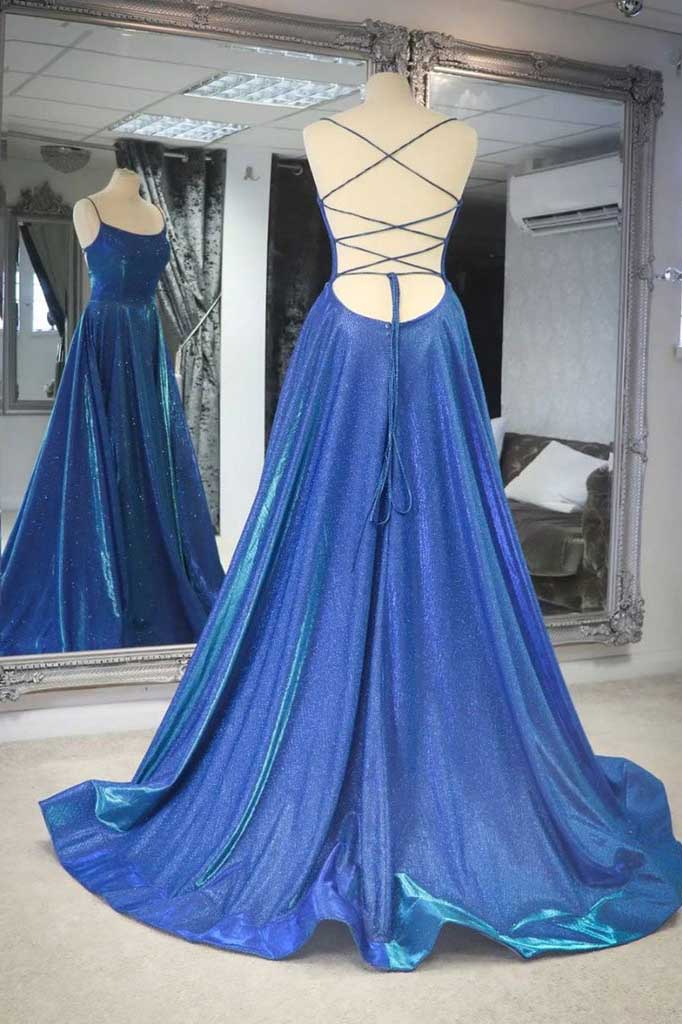 Shiny A line Blue Spaghetti Straps Prom Dresses, Long Formal Party Dresses OM0029