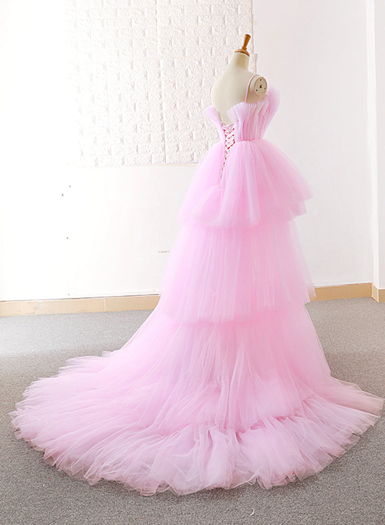 Elegant A Line Pink Spaghetti Straps Tulle Long Prom Dresses, Cheap Evening Dresses SK39