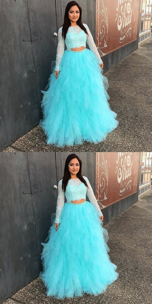 Full Sleeve Evening Dress, Two Piece Tulle Lace Top Prom Dress, Elegant Formal Dress PDE90