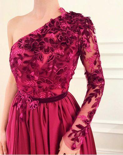 Burgundy A Line Applique Long Sleeve One Shoulder Prom Dresses With Slit PDH61
