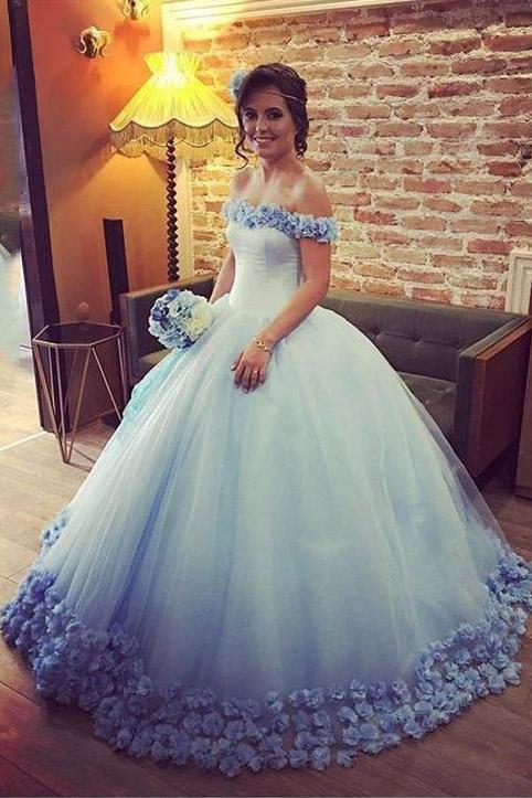 Off the Shoulder Tulle Flowers Ball Gown Prom Dress,Cheap Blue Quinceanera Dresses PDH52