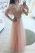 A-Line V-Neck Off Shoulder Pink Tulle Long Prom Dress with Beading PDF30
