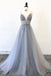 Gray Spaghetti Straps Beaded Tulle A Line Prom Dresses Evening Party Dress PDS52