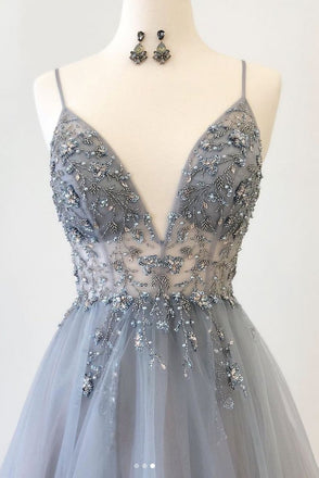 Gray Spaghetti Straps Beaded Tulle A Line Prom Dresses Evening Party Dress PDS52
