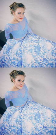 Two Piece Prom Dresses With Long Sleeves, White Blue Printed Prom Dresses PDH51
