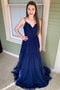 A Line Spaghetti Straps Dark Blue Tulle Long Prom Dresses PDJ38