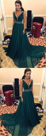 Simple V-Neck Sweep Train Dark Green Chiffon Prom Dress with Beading PDF67