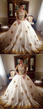 Vintage Gold Lace Appliques Beaded Long Sleeves Wedding Dresses Ball Gowns PDG81