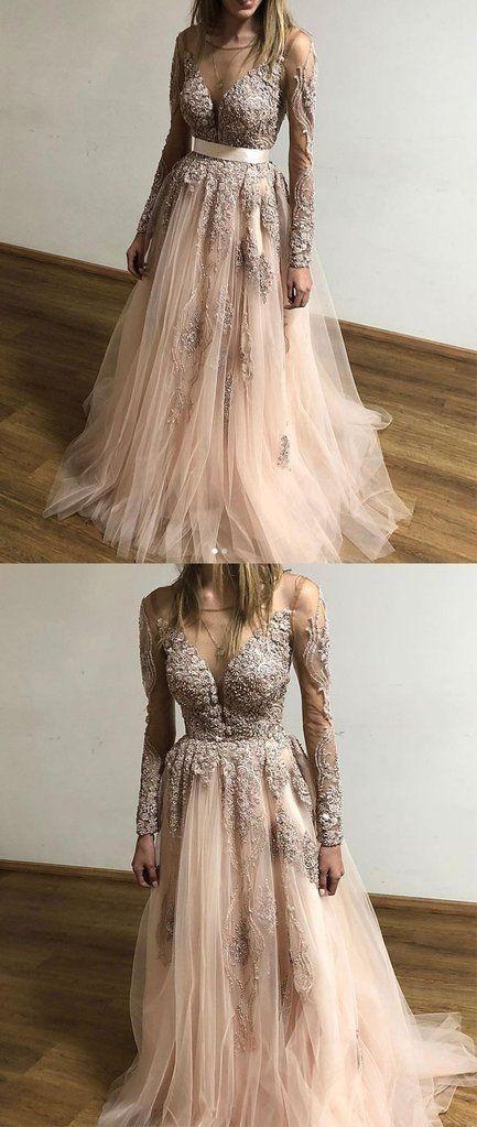 A Line Tulle Long Sleeves Appliques Cheap Prom Dresses PDF61