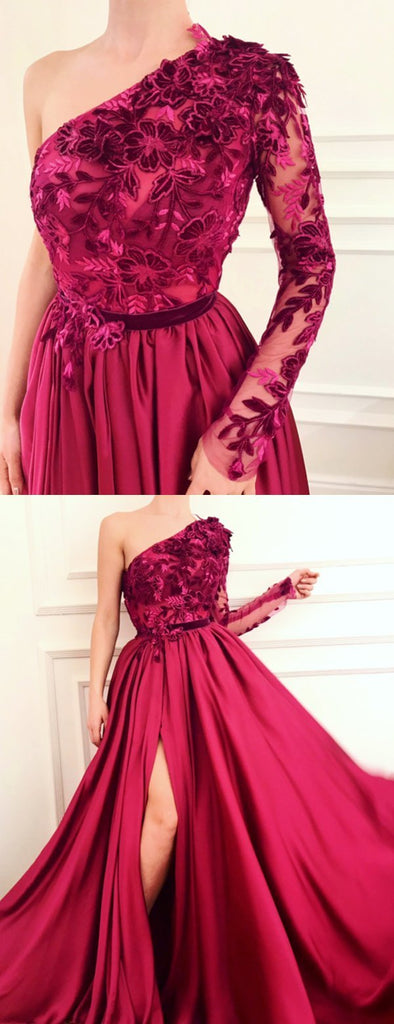 Burgundy A Line Applique Long Sleeve One Shoulder Prom Dresses With Slit PDH61