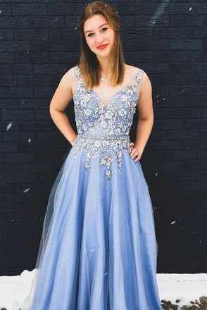 Gorgeous A-Line Appliques Floral Sky Blue Long Prom Dress PDO2