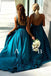 Elegant A Line Mermaid Deep V Neck Long Blue Backless Bridesmaid Dresses with Slit SK09