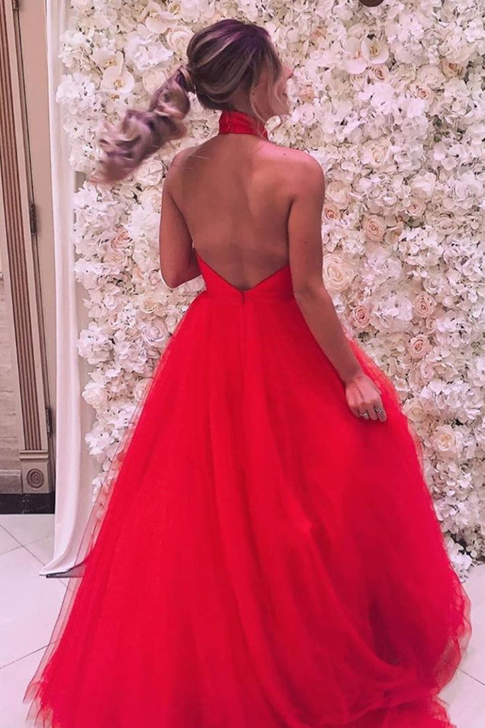 Simple A Line Red Halter Ruched Long Prom Dresses V Neck Tulle Evening Dresses SK49