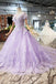 Lilac Ball Gown Short Sleeves Prom Dresses with Lace, Quinceanera Dress PDL41