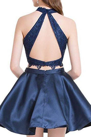Two Piece Dark Blue Short Homecoming Dress with Lace, A Line Satin Graduation Dress PPD55