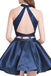 Two Piece Dark Blue Short Homecoming Dress with Lace, A Line Satin Graduation Dress PPD55
