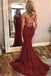Burgundy Spaghetti Strap Mermaid Stunning Prom Dresses with Lace Appliques PDJ3