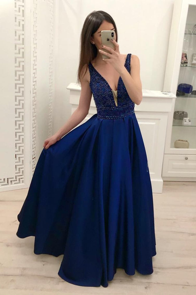 Royal Blue Beading A Line Satin Prom Dress, Cheap Long Evening Dresses PDI17