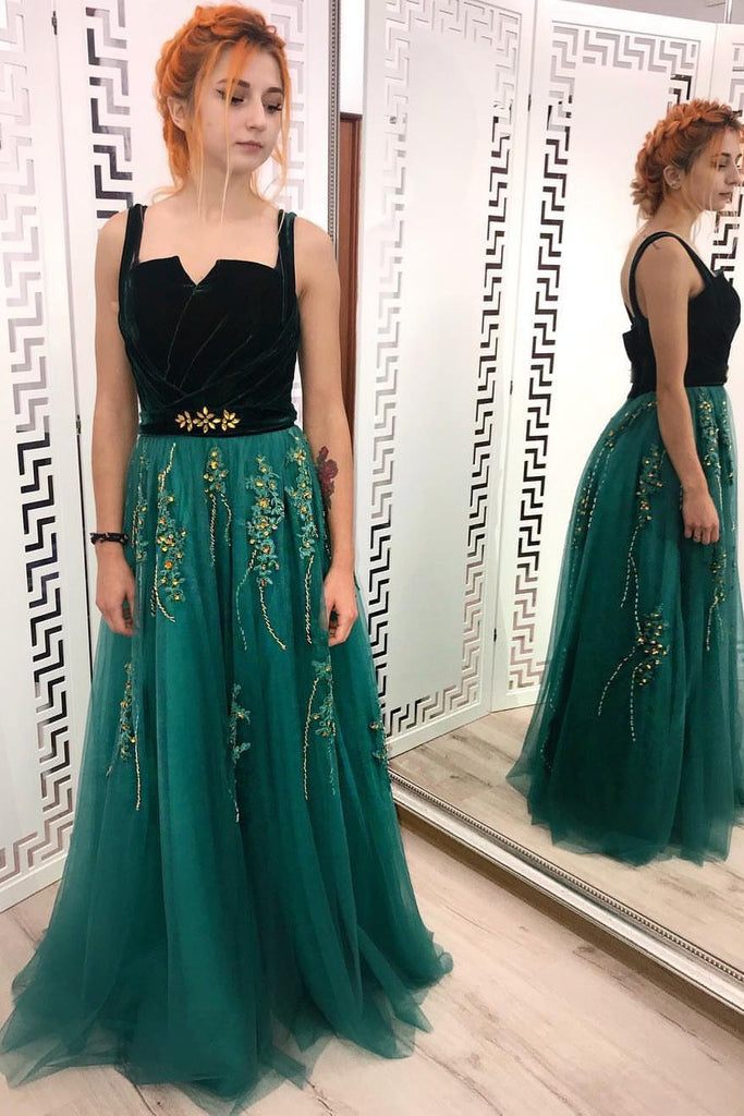 A Line Green and Black Tulle Prom Dresses, Charming Appliques Formal Dress PDI13